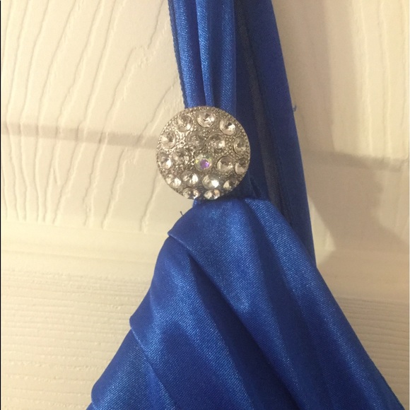 Royal Blue Satin V-neck Lined Pleated Dress - Picture 5 of 9